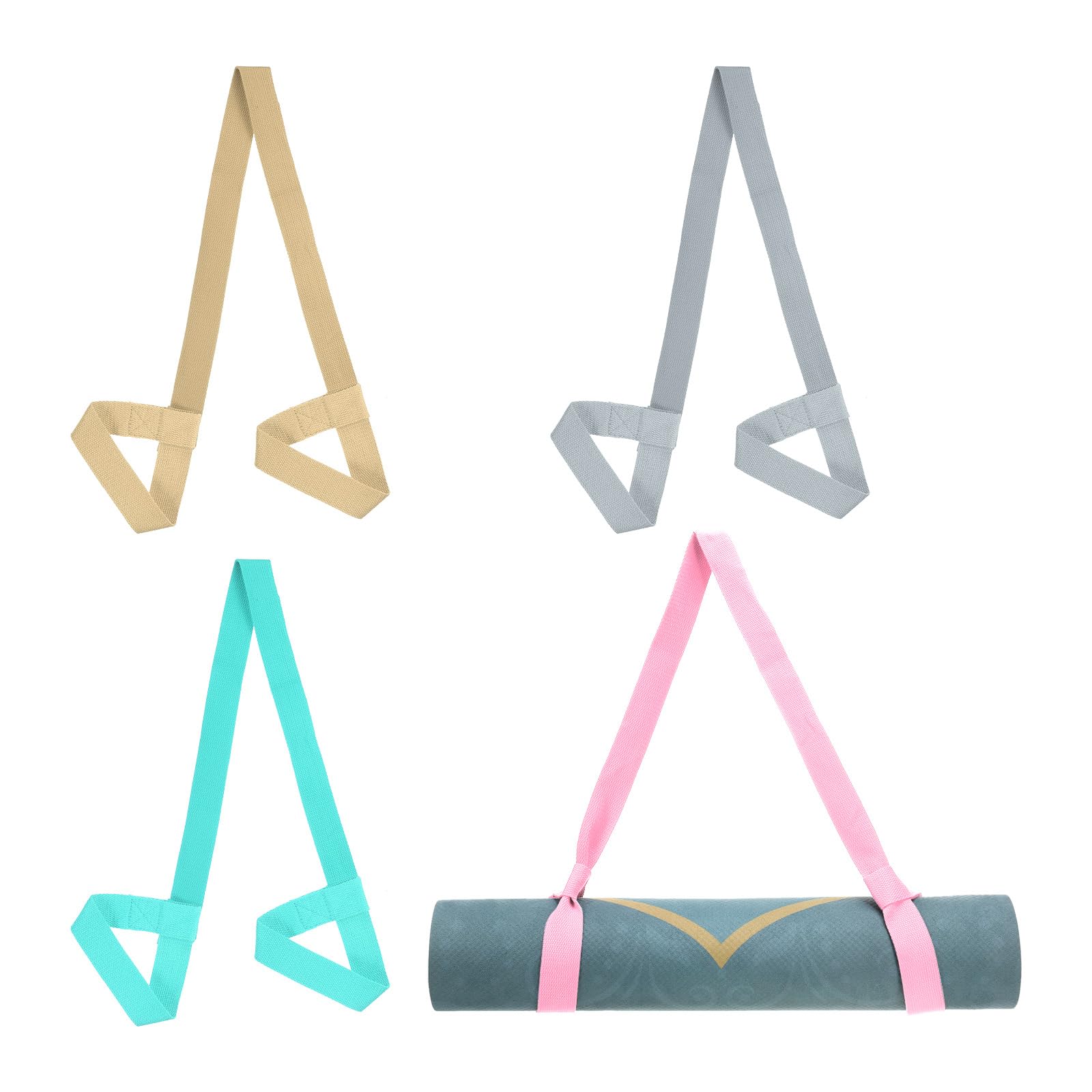 PATIKIL Yoga Mat Strap, 4 Pack Adjustable Yoga Mat Carrier Straps Sling Cotton Anti Slip Mat Holder Stretching Band for Exercise, Khaki/Light Grey/Lake Green/Pink