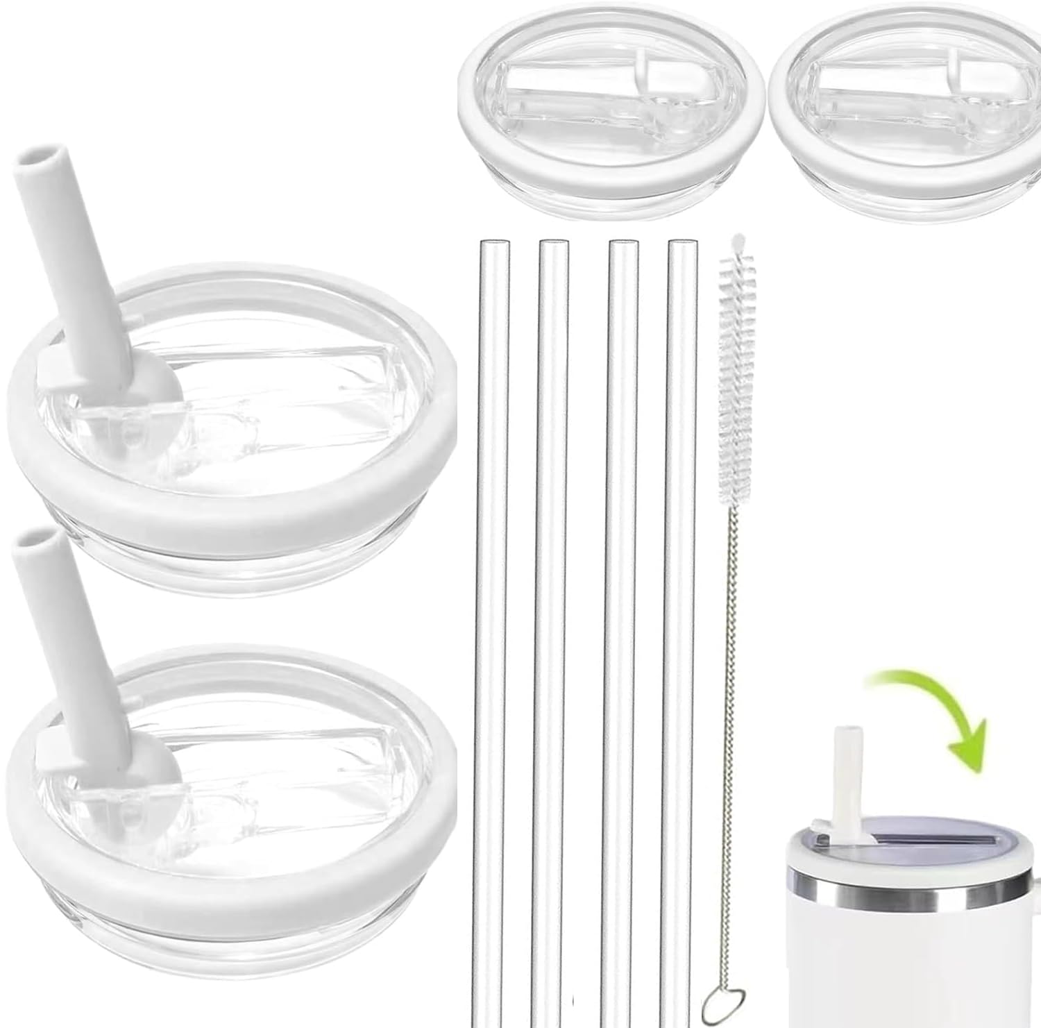 2 Pack 40 oz Tumbler Flip Straw Lid Replacement fit for Stanley Quencher, Spill Proof Splash Resistant Tumbler Lids, Reusable Tumbler Cover Sets with 4 Straws and 1 Cleaning Brush(pure white, 40oz)