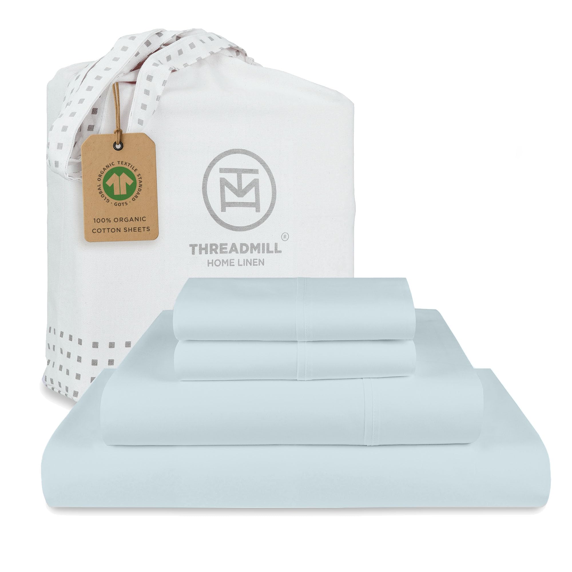 Photo 1 of Threadmill 100% Organic Cotton Sheets - Queen, 4 Piece, Light Blue - Certified by GOTS - Soft and Cooling Bedsheet Set with Reusable Bag, Snug Fit with 16" Deep Pocket - Ultra Light