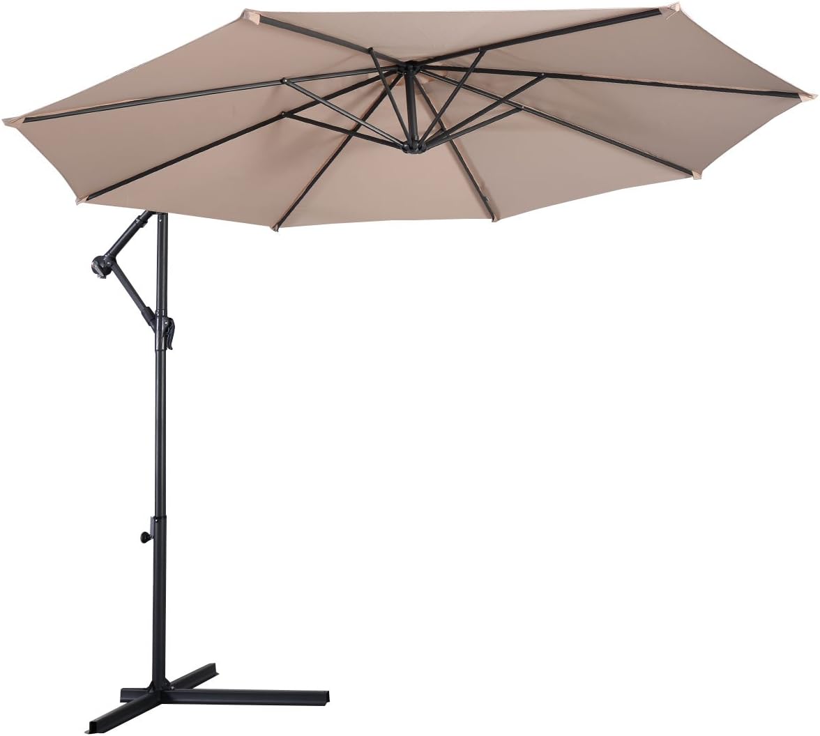 Amazon Com Tangkula Patio Umbrella 10 Ft Outdoor Offset Hanging Umbrella With Crank And Cross Base 8 Steel Rips Sturdy Frame And Adjustable Umbrellas For Garden Poolside Deck Market Beige Garden Outdoor