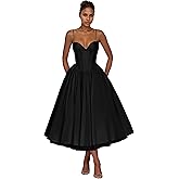 Atcycrco Satin Prom Dresses for Women Tea Length Spaghetti Strap Formal Evening Wedding Party Gown with Pockets