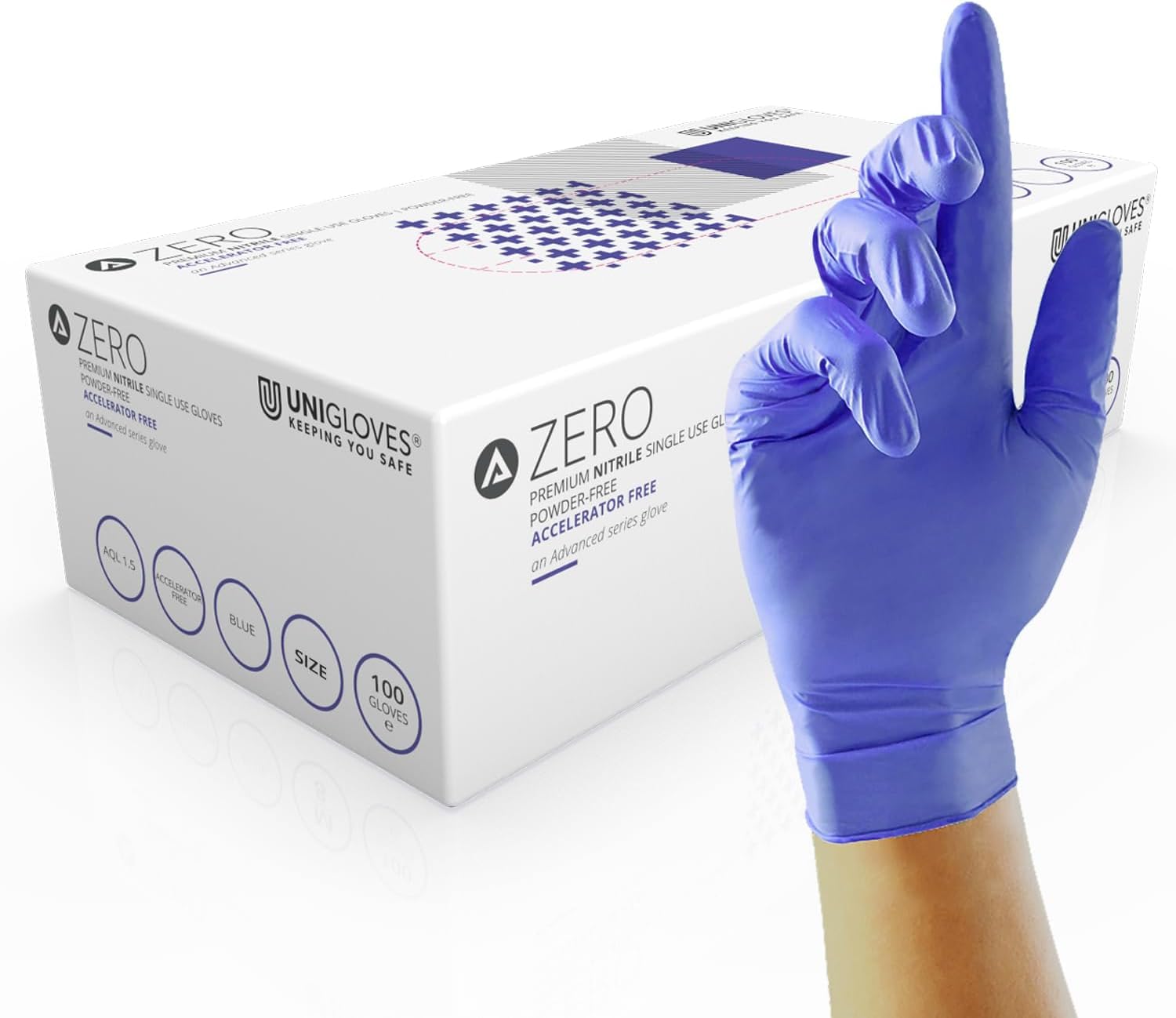 Unigloves Advanced Zero GM0051 Accelerator Free Nitrile Examination - Multipurpose and Free From Powder, Zinc, Sulphur & Latex, Box of 100 Gloves, Blue, Extra Small