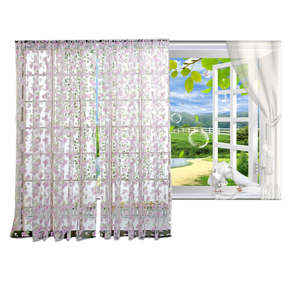 Veemoon 1PC Boho Floral Tulle Curtains Purple Flower Tulle Curtains Girls Room Decorative Transparent Net Window Treatments Short Rustic Window for Bedroom Living Room (1 * 2M)