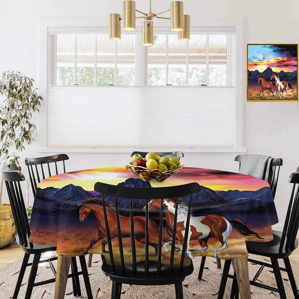 shirlyhome Western Outdoor Table Cloth Waterproof Running Wild Horses at Sunset Artistic Rustic Landscape Colorful Sky Illustration Decorative Round Tablecloth Multicolor (Diameter 36")