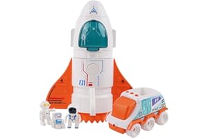 Jomifin Spaceship Toy for Boys Girls, Space Shuttle Toys with Lights&Sound, 3 Astronauts Figure, Openable Cockpit, Spray Exhaust, Astro Venture Space Playset with Lunar car (Orange)