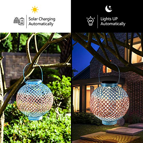 Solar Lanterns Outdoor Hanging Solar Lights with Handle Retro Waterproof Solar Garden Lantern Decor for Yard Tree Fence Patio, Blue and Brown
