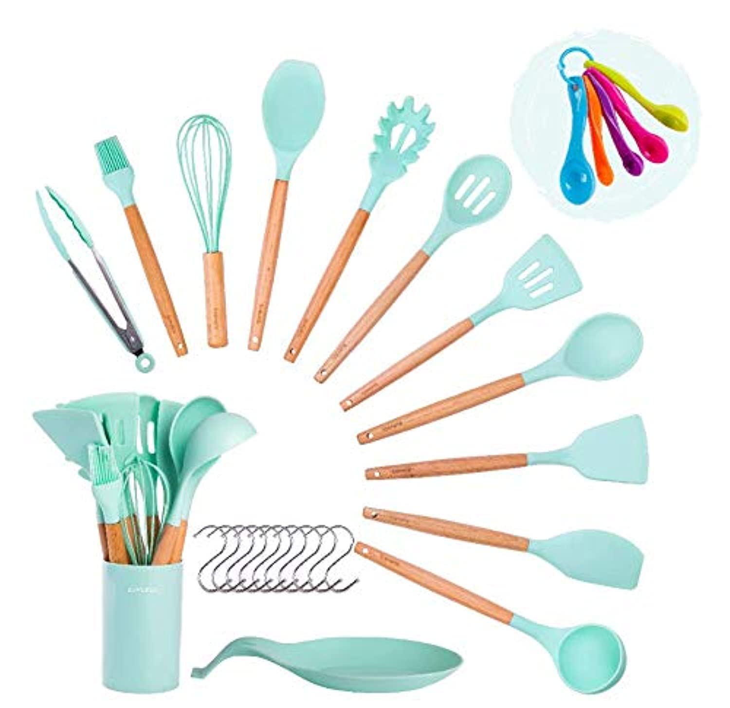 Silicone Kitchen Utensil Set, 11 Cooking Utensils+Measuring Spoon Set+ Placing mat+Utensil Set Holder BoMo&Co. Kitchen Utensils Set (Green)