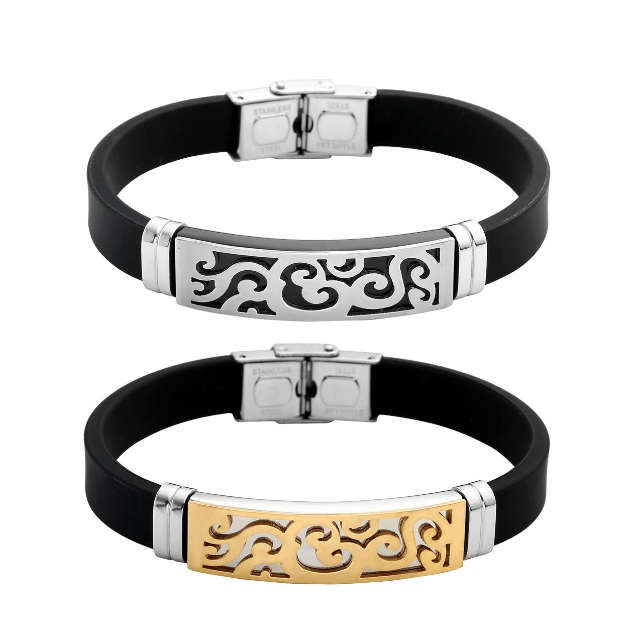 PiercingJ - Bijoux Bracelet en Caoutchouc Motif Lien Poignet Chaine de Main Biker Motard Acier Inoxydable Classique Couple Amoureux Cadeau Valentin avec Boite Cadeau