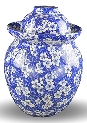 Porcelain Pickling Jar with 2 Lids Fermenting Pickling Kimchi Crock Food Storage Blue Cherry Blossom (10 IN)