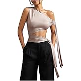 OYOANGLE Women's Sleeveless Asymmetrical Top Side Tie Cut Out Off The Shoulder Fitted Tank Tops