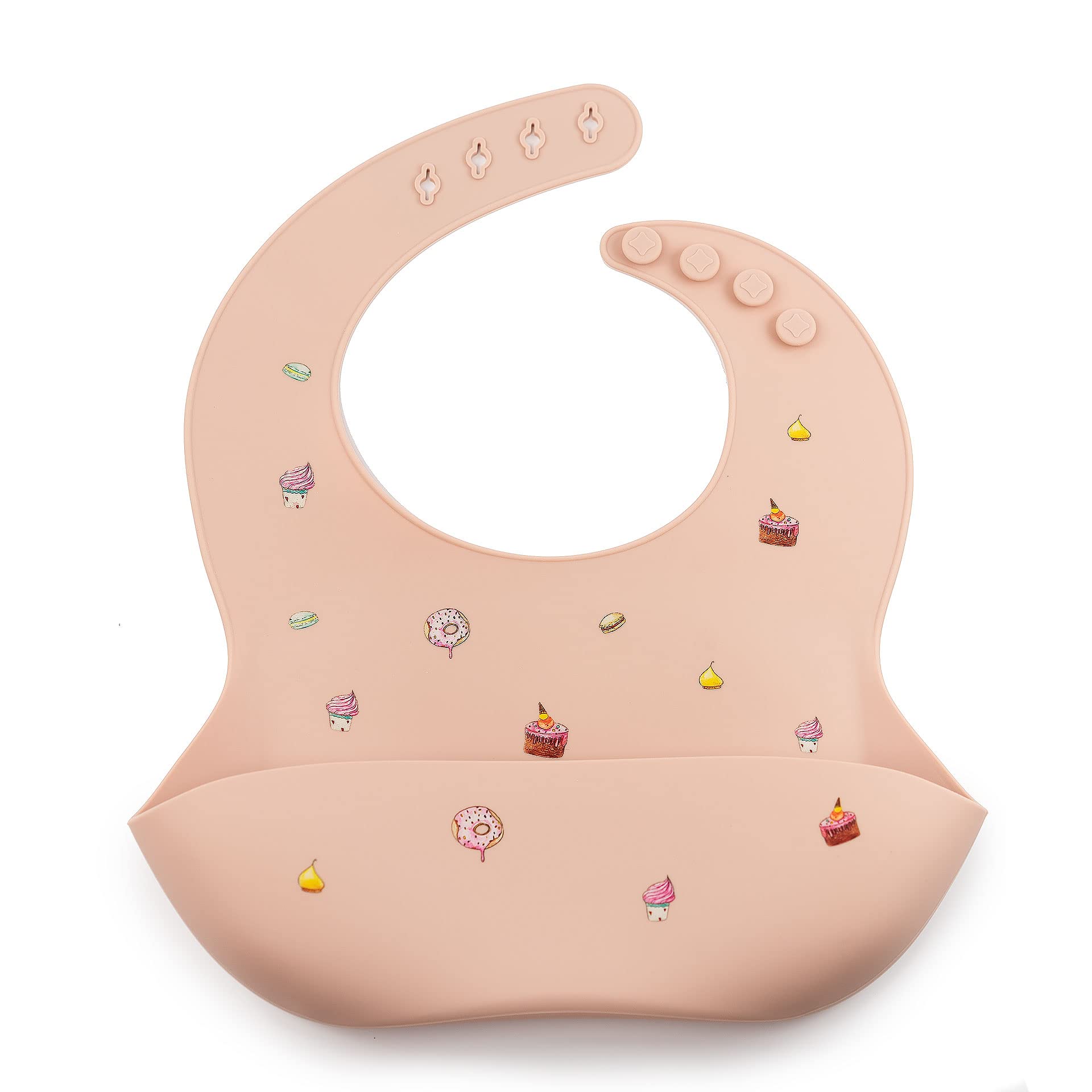 J.Børn Silicone Baby Feeding Bibs | Toddler Soft Silicone Bib | Waterproof Kids Apron | Easy To Clean Baby Weaning Protector | 4 Adjustable Sizes with Deep Front Pockets For Babies (Blush Cakes)