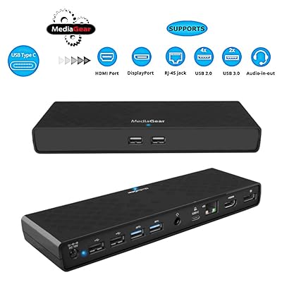 mediaGear USB C Docking Station w/ 45W Laptop Power Delivery: Dual HDMI+DisplayPort, USB 3.0/2.0, Ethernet, Audio/Mic Jack, Bundle: 65W AC Adapter, C-C Cable, C-A Dongle for Mac &amp; Windows OS