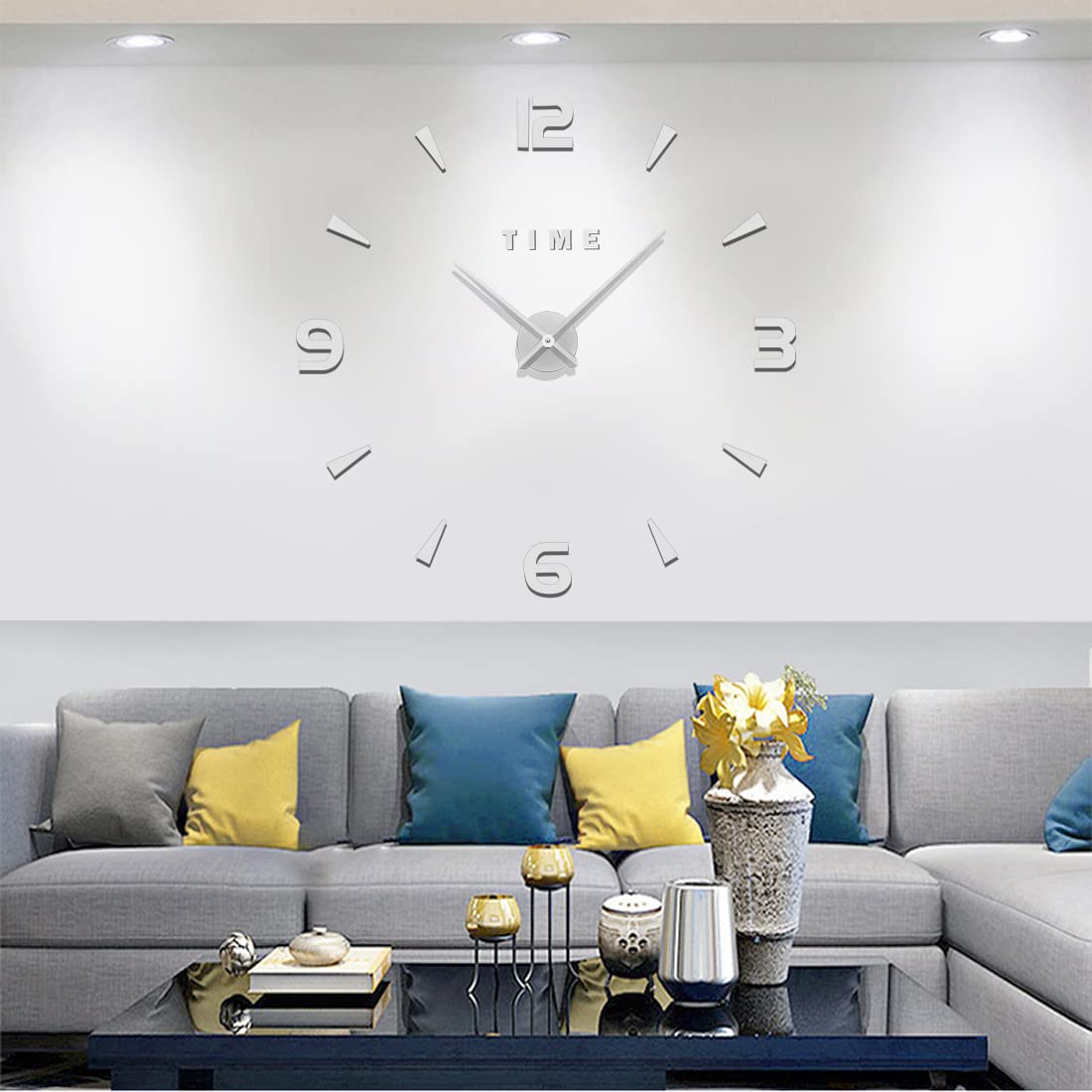 Meyiert Modern Mute Frameless DIY Large Wall Clock 3D Mirror Sticker Metal Big Watches Wall Clock for living Room Kitchen Home Office School Decoration (Silver)