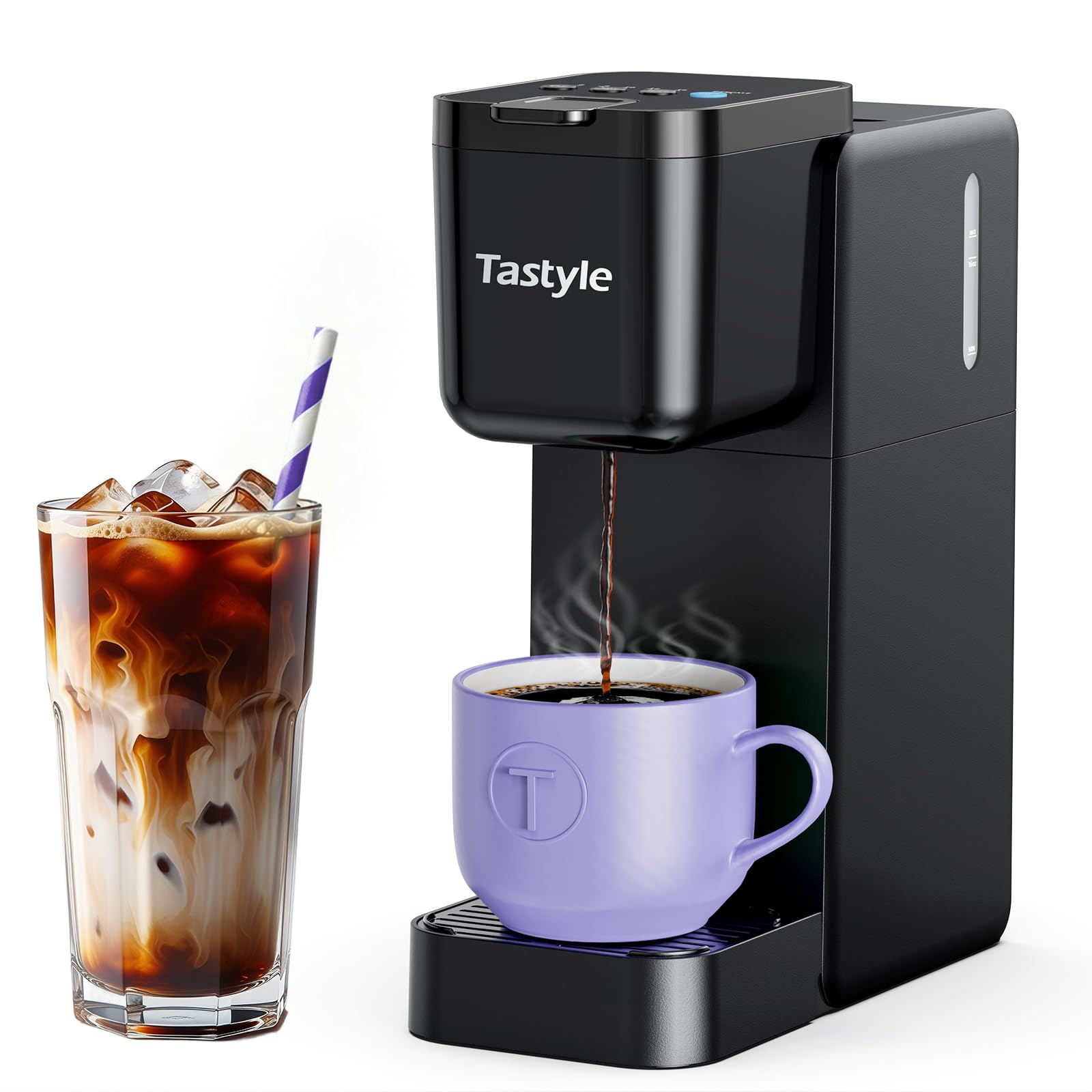 Photo 1 of Tastyle Single Serve Coffee Maker Hot and Iced with Bold Brew, Small Coffee Machine for K Cup and Ground, Fits 7.3'' Travel Mug, Brews up to 16 Oz, 5 Cup Sizes, for Office, RV& Hotel, Elegant Black