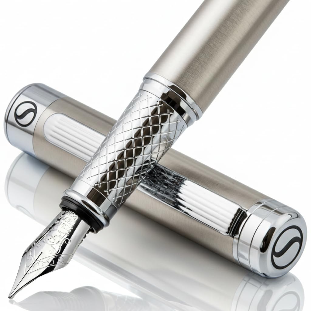 Scriveiner Stainless Steel Fountain Pen - Stunning Luxury Pen with Steel Finish, Schmidt Steel Nib (Fine), Best Pen Gift Set for Men & Women, Professional, Executive Office, Nice Designer Pens