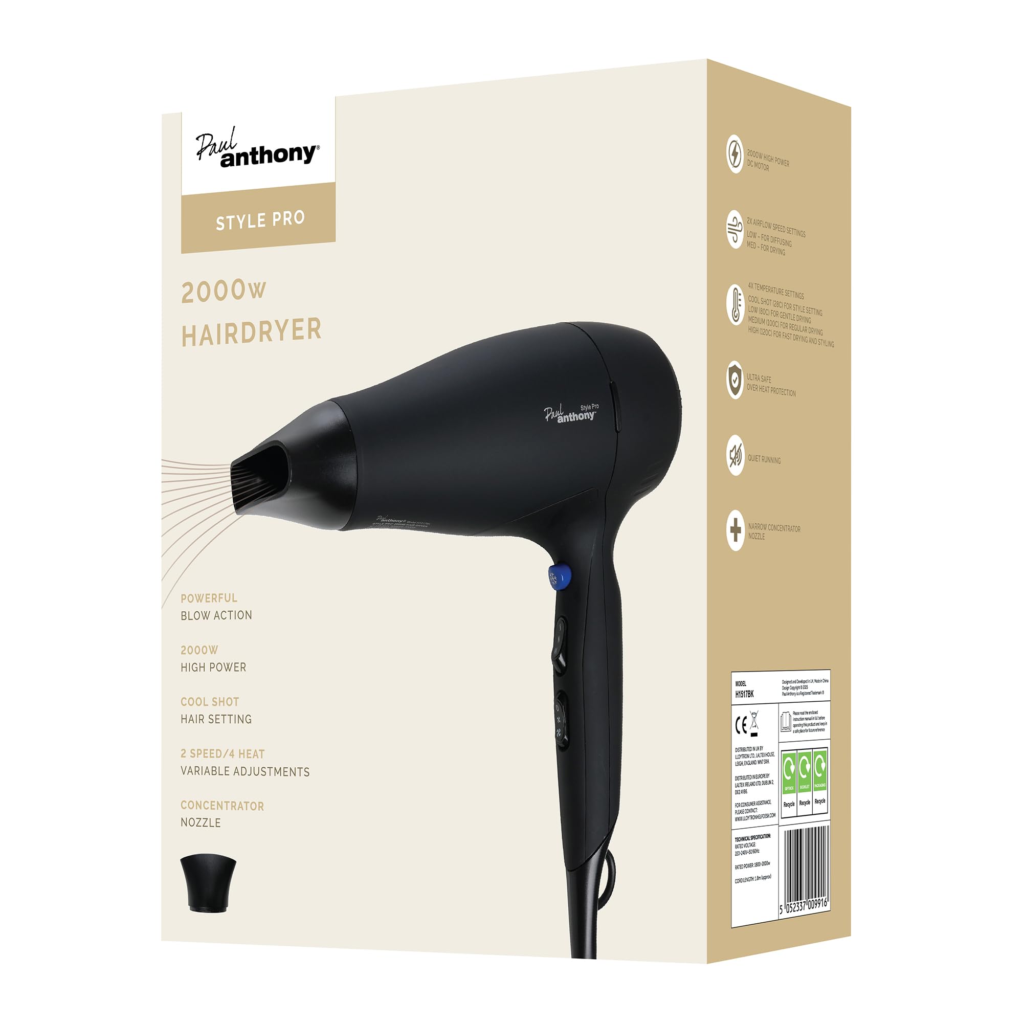 Paul Anthony Style Pro 2000W Hair Dryer / 3 Heat Settings / 2 Speed Settings/Cool Shot/Concentrator Nozzle/Hang Up Loop/Safety Cut-Off - Matte Black - H1517BK