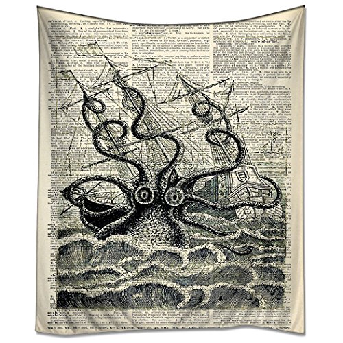 "HommomH" Tablecloth 54 x 108-Inch Table Cover for Kitchen Dinning Tabletop Decoration Beach Throw Cloth Blue Flower Branch Vintage Sailing Pirate Octopus