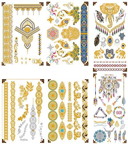 Premium Metallic Temporary Tattoos - 75+ Designs in Gold and Silver Fake Tattoos- Temporary Fake Shimmer Jewelry henna Tattoo - Flowers, Elephants, Feathers, Bracelets, Wrist and Arm Bands…(10 Pattern