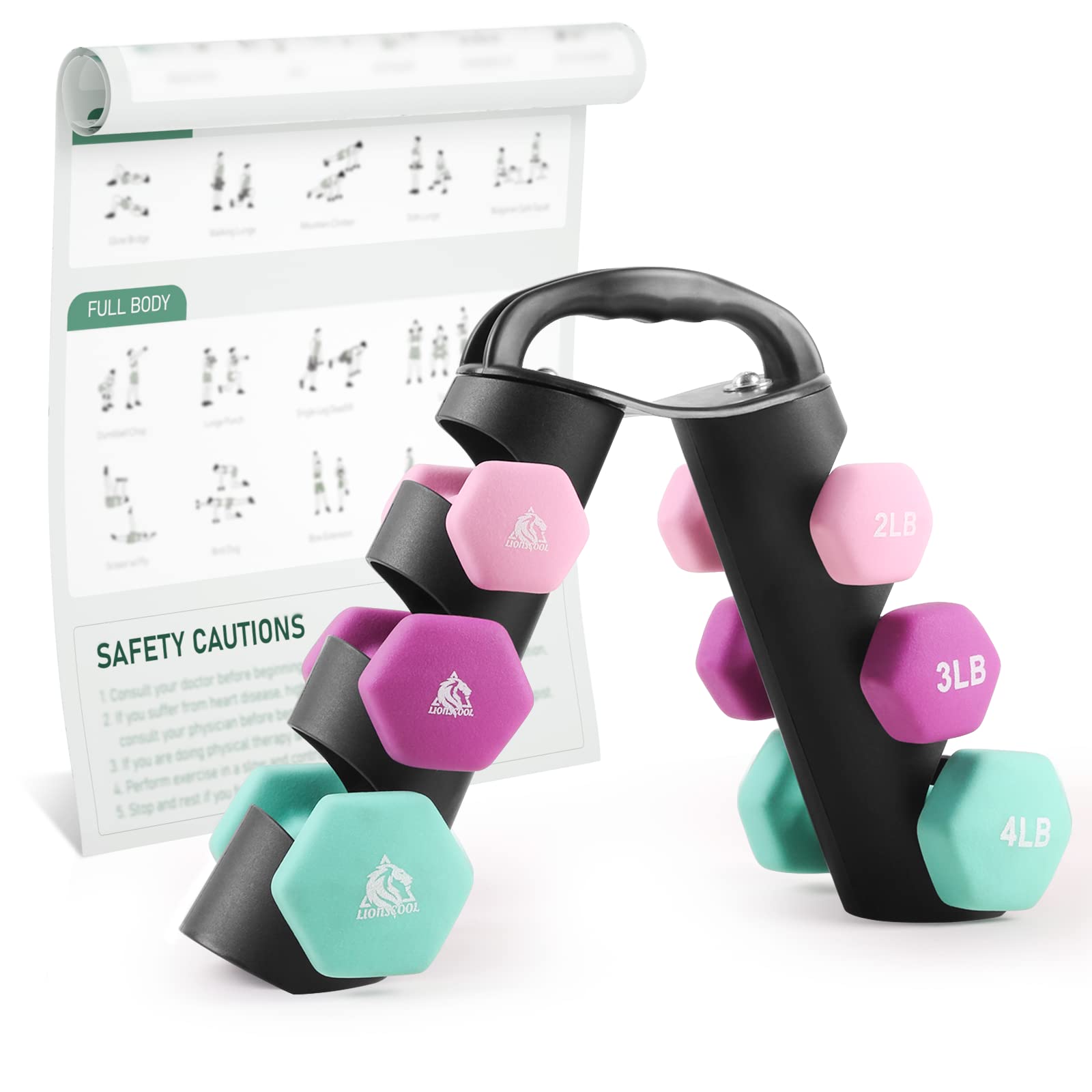 Photo 1 of LIONSCOOL Get Fit 2LB 3LB 4LB Pair Neoprene Coated Dumbbell Set with Sturdy and Portable Rack, All Purpose Premium Hex Dumbbell Set for Home Gym and Strength Training, No Assembly Needed