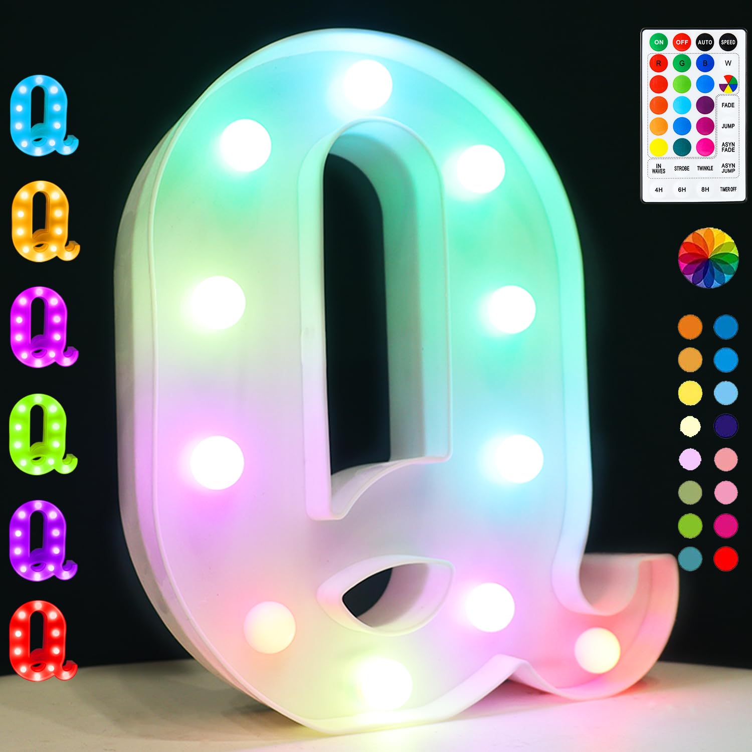 Light Up Colorful LED Marquee Letter Lights, 18 Colors Changing Alphabet Letters Sign with Remote Timer for Night Light Wedding Birthday Party Lamp Christmas Home Bar Decor- Colorful Q
