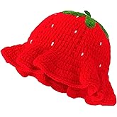 Crochet Strawberry Bucket Hat for Women, Cute Red Strawberry Knit Hat with Ruffle Brim, Slouchy Soft Knitted Fisherman Hat