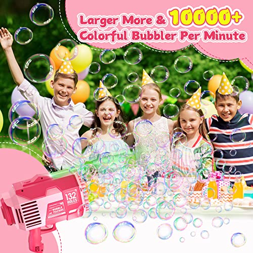 Bubble Machine Gun, Upgraded 132 Holes Bubble Gun with Lights/Bubble Solution, Bubble Maker for Kids Boys Girls Adults Outdoor Indoor Birthday Wedding Party Gifts,Pink