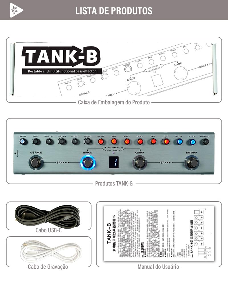 M-VAVE Pedal Multiefeitos para Baixo Profissional TANK-B com Bateria Recarregável, 36 Presets, Bluetooth, Simulador de Amplificador, IR Cab, Gravação em Celular - Efeito Portátil para Estúdio e Palco