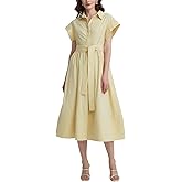 YEXPINE Women's Belted Shirt Midi Dress Casual Short Wing Sleeve Button Down Lapel V Neck Dress