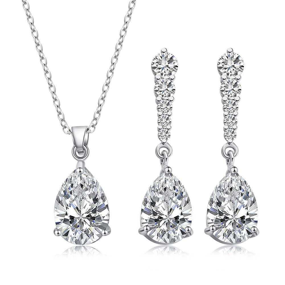 LUYUAN JEWELRY Elegant Jewelry Set for Women, Waterdrop Silver Cubic Zirconia Crystal Rhinestone Necklace Earring Best Gifts for Bridesmaid-White