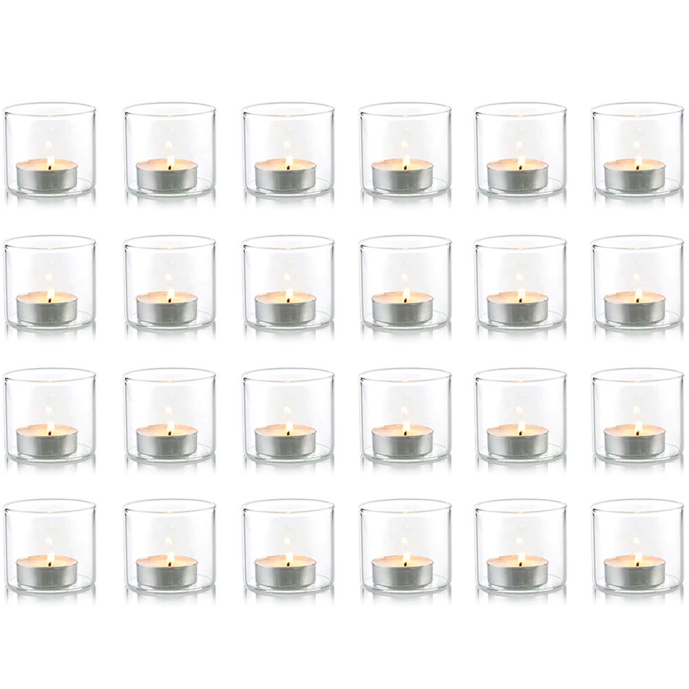 NUPTIO Clear Votive Candle Holder - 5.7cm W x 5cm H, Set of 24 Tea Light Holders, Christmas Glass Candle Holders Decorations Tealight Candle Holder Glass Cup for Wedding Home Halloween Decor