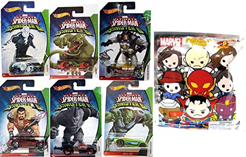 Hot Wheels Marvel Spider-Man Sinister 6 Villain Exclusive set Collectible 6 car bundle & Series 5 Figure Keyring Blindbag Doctor Octopus / Lizard / Electro / Rhino / Green Goblin / Kraven Car Bundle