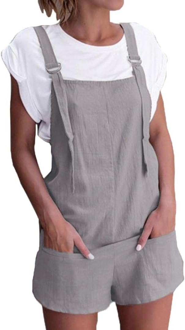 Women Jumpers Shorts Pants Pockets Strappy Romper Working Overalls Trousers Hemlock (XL, Khaki) (S, Grey)