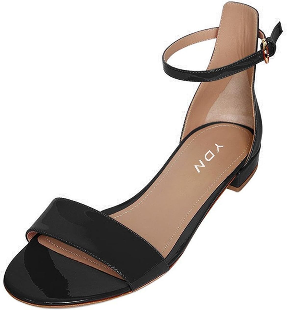 Womens Chic Block Low Heel Sandals Open Toe Ankle Strap Patent Comfortable Walking Dress Flat Shoes