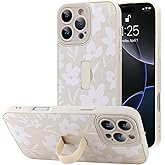 BF2JK for iPhone 16 Pro Case with Finger Hand Strap Kickstand, Cute Aesthetic Floral Flower Phone Case for Women Men, Full Camera Protection Shockproof Cover, White
