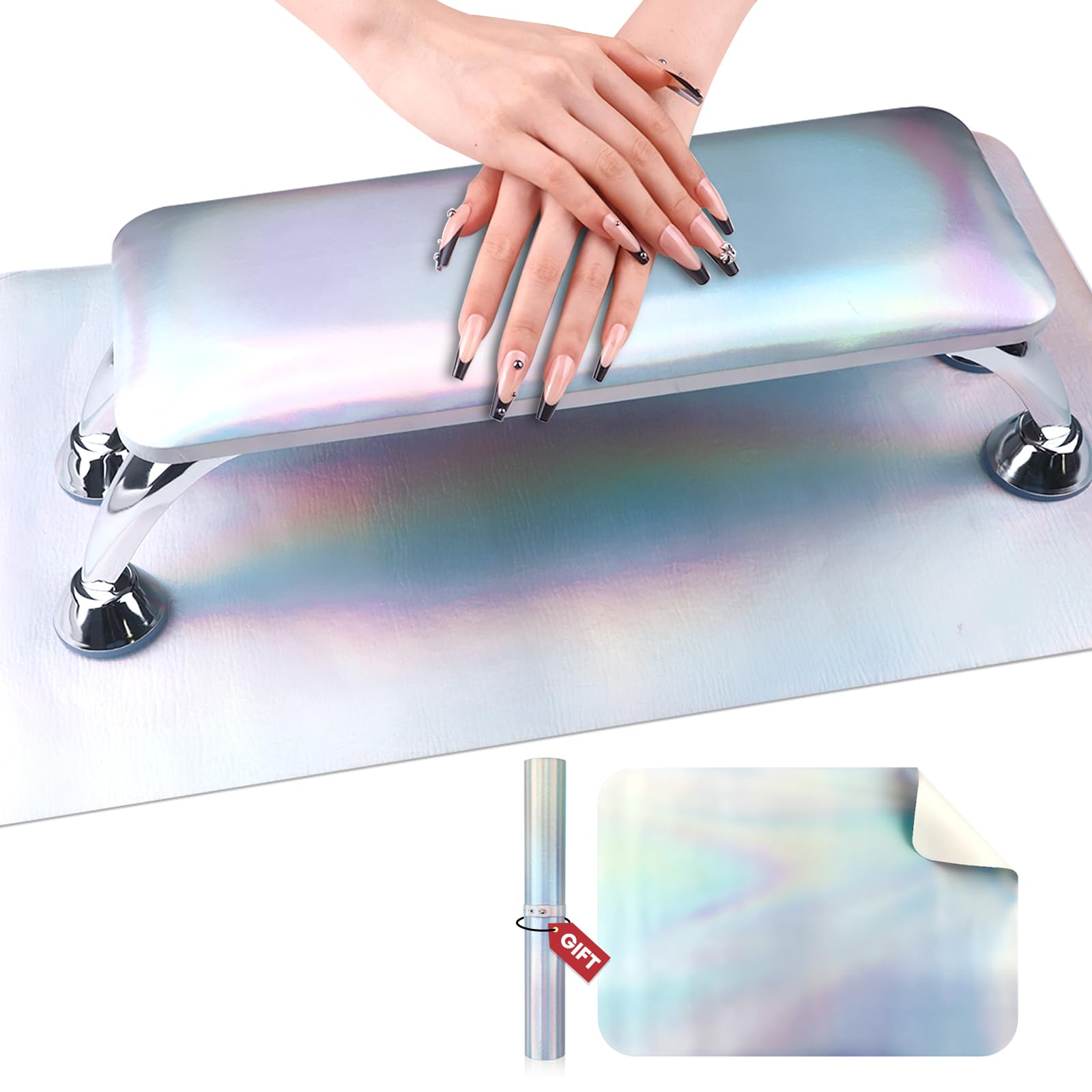 SAVILAND Arm Rest for Nails Tech: Larger Nail Arm Rest Holographic Soft Premium Faux Leather Nail Pillow Non-Slip Protective Nail Table Mat Detachable Nail Hand Rest Pro-Salon Manicure for Clients