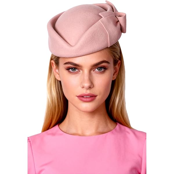 7367 Pink Wool Felt Fascinators Hat For Women- Elegant Beret With Bowknot Amazon.com: BLESSI Fashion Wool Pom Pom Bowknot Cute Beret  main image 4