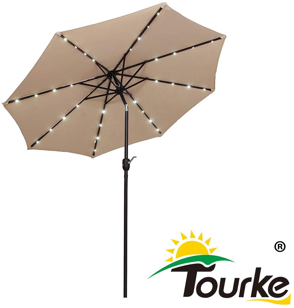 Tourke 9 Ft Led Lighted Patio Table Umbrella Outdoor Umbrella With Push Button Tilt And Crank 8 Steel Ribs For Garden Deck Backyard Swimming Pool And More Beige Amazon In Garden Outdoors