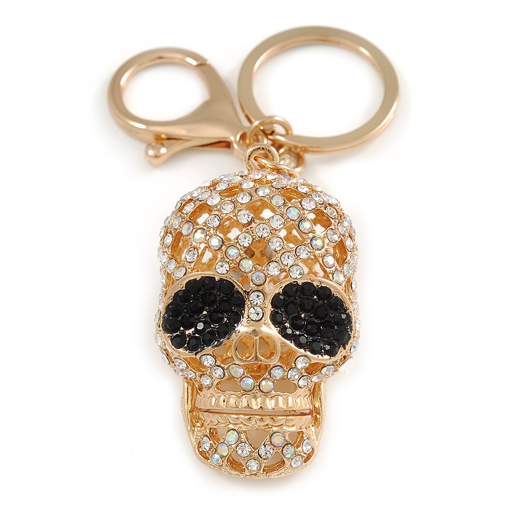 Avalaya Clear/Black Crystal Skull Keyring/Bag Charm In Gold Tone - 10cm L