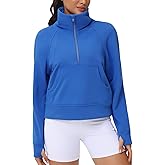 THE GYM PEOPLE Womens' Half Zip Pullover Fleece Stand Collar Crop Sweatshirt with Pockets Thumb Hole