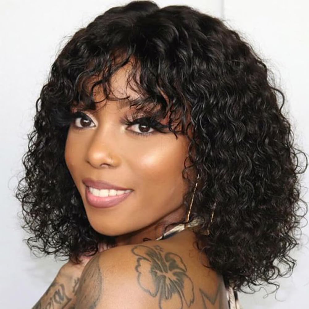 DÉBUT Human Hair Bob Wig With Bangs - Short Curly, Jerry Curl - 150% Density, Non Lace Front, Glueless - For Black Women (10 Inches, 1B)