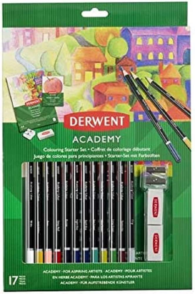 Derwent Academy Colouring Starter Set, Drawing & Colouring, Set Of 17, Includes Sharpener & Eraser, Ideal For Colouring, Academy Quality, 2305678