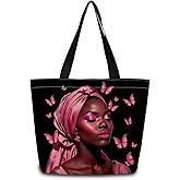 ZhuVantrix African American Tote Bag Reusable Grocery Bags Aesthetic Shopping Shoulder Handbag with Interior Zipper Pocket Stylish Pink Butterfly Present for Women