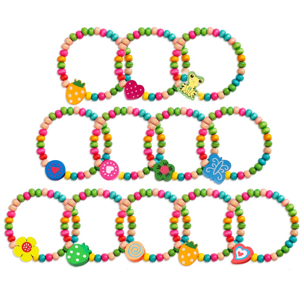 kuou 12Pcs Colourful Wooden Bracelets Set, Party Bag and Stocking Fillers Loot