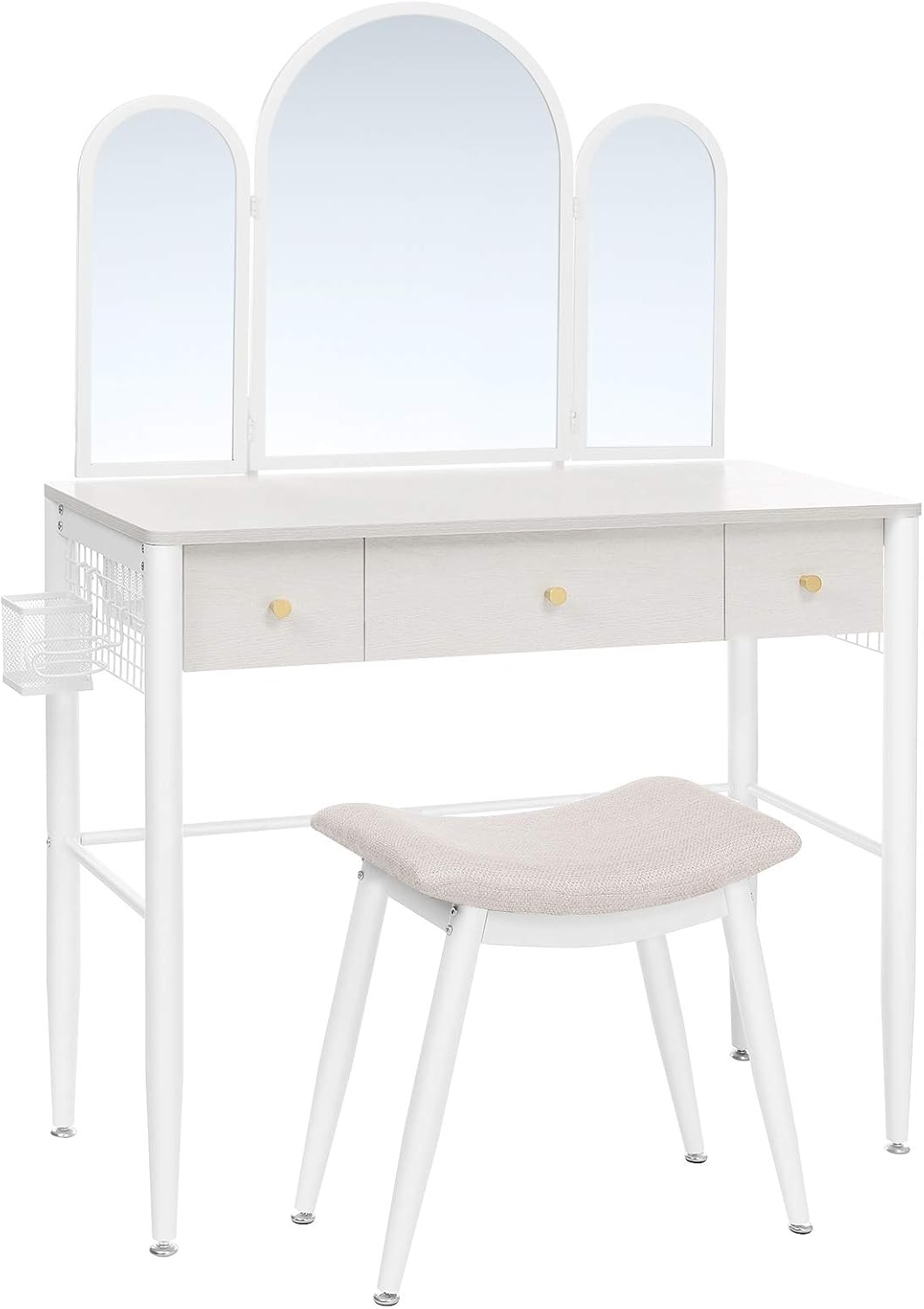VASAGLE Makeup Vanity Table Set, Dressing Table, Makeup Table with Cushioned Stool, Tri-Fold Mirror, 3 Drawers, and Brush Holder, Metal Frame, Modern Vanity Desk, White URVT003W01