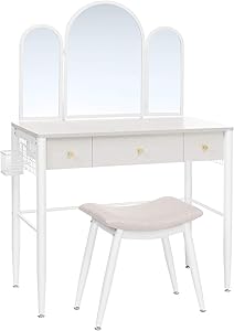 VASAGLE Makeup Vanity Table Set, Dressing Table, Makeup Table with Cushioned Stool, Tri-Fold Mirror, 3 Drawers, and Brush Holder, Metal Frame, Modern Vanity Desk, White URVT003W01