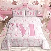 jejeloiu Cute Pink Bow Kids Bedding Set Twin Size,Boys Girls Personalized Letter M Comforter Set,Cute Coquette Bow Knot Ultra Soft Duvet Quilt,Initial Letter M Comforter Monogrammed Bedroom Decor