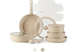 CAROTE 15pcs Ceramic Cookware Set, Pots and Pans Set, Induction Nonstick Kitchen Cookware Sets, Non Stick RV Cookware Set with Detachable Handle, Dishwasher/Oven Safe Cookware Set, Taupe