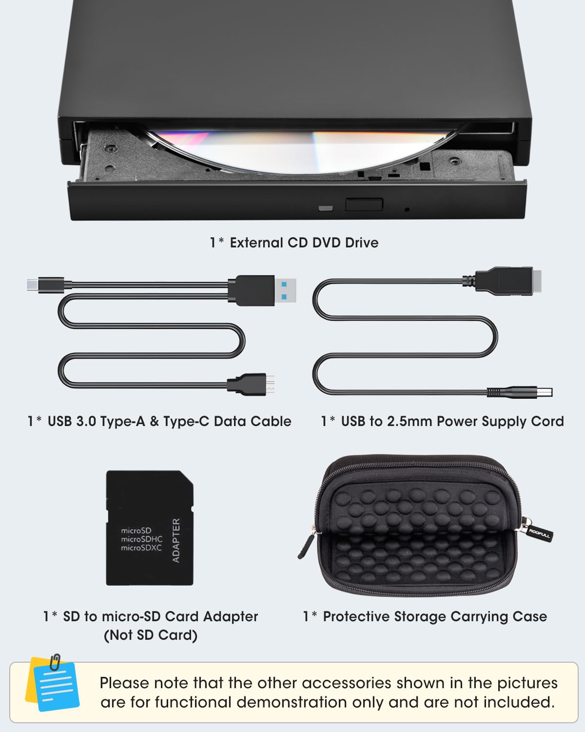 ROOFULL External CD DVD Drive with SD Card Reader & USB 3.0 Ports Hub & Carrying Case, USB-C CD DVD ROM/RW Disk Player Burner Writer for Laptop Mac PC Windows 11/10 MacBook iMac Desktop Computer