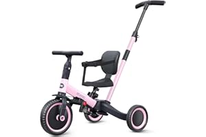 newyoo Toddler Tricycle,Toddler Bike,Birthday Gifts and Toys for 1-3 Year Old Boys and Girls, Trike with Push Handle, Backrest and Safety Belt, Balance Bike, TR007, Pink