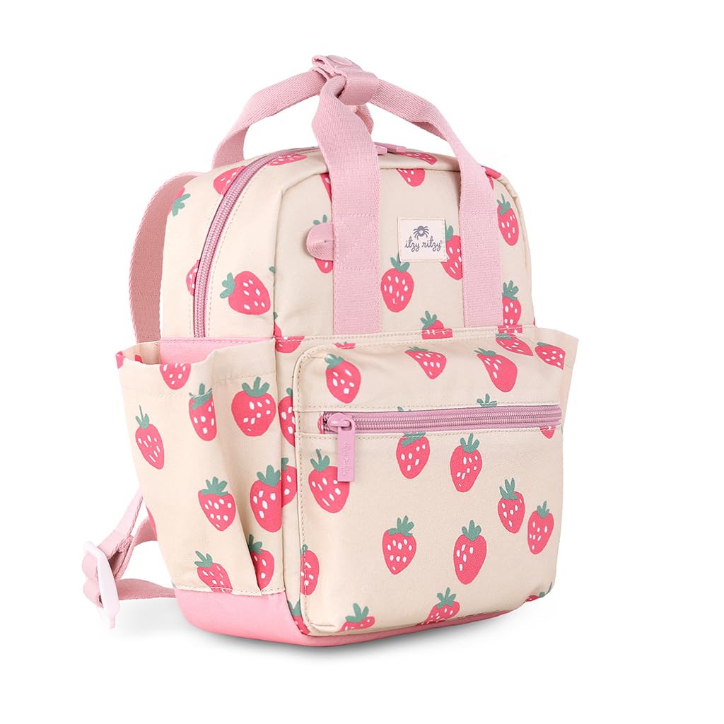 Itzy Ritzy Toddler Backpack - Daycare Bag - Features Adjustable Shoulder Straps, 2 Side Pockets & Spacious Interior with Wipeable Fabric Lining & Name Label, Strawberry Backpack